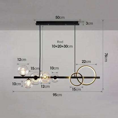 Modern black glass bubble chandelier with gold rings and clear glass spheres for dining room lighting