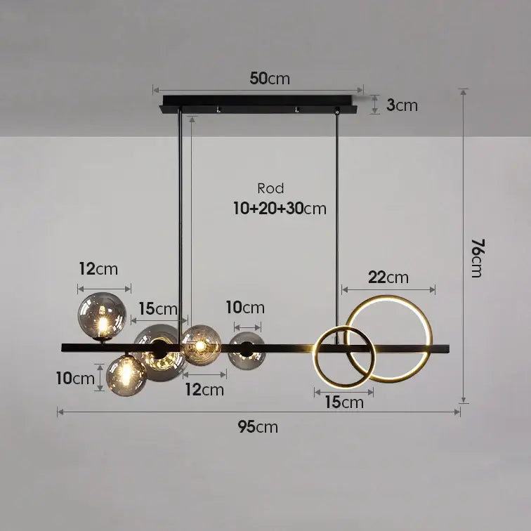 Modern black glass bubble chandelier featuring spherical glass globes and gold-toned rings for dining room lighting