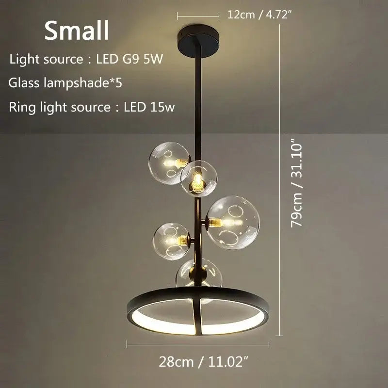 Modern black metal chandelier with five clear glass bubble led globes and circular ring light base for dining room decorbites glass bubble