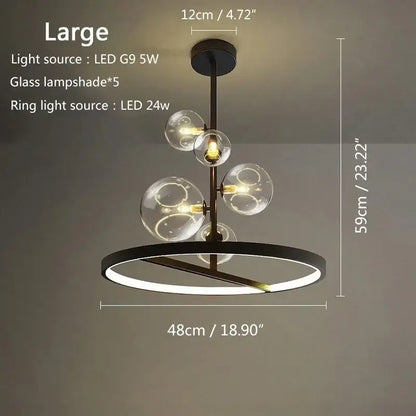 Modern black glass bubble led ceiling chandelier with five clear glass globe shades and circular led ring light for dining room decorbites glass bubble