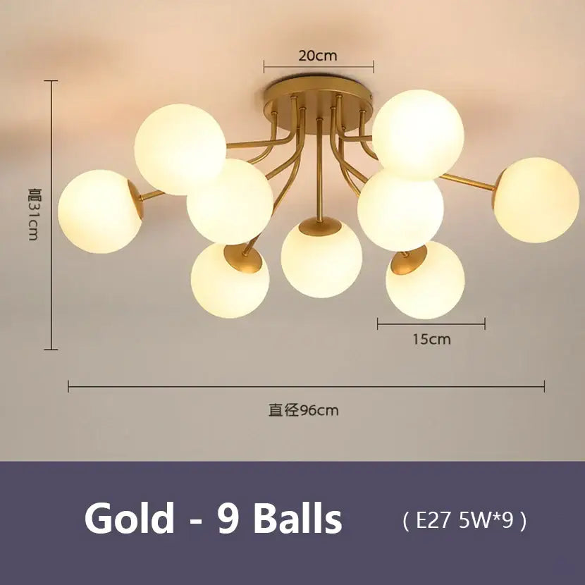 Modern black glass bubble led ceiling light with gold-toned frame and nine frosted glass spheres for living room decorbites ceiling light