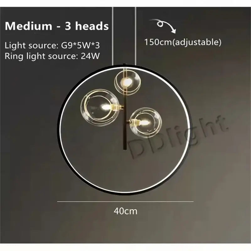 Modern black glass bubble led chandelier pendant light with three clear glass globe bulbs and circular ring design
