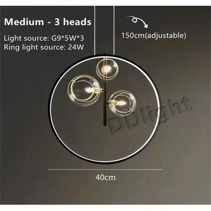 Modern black glass bubble led chandelier pendant light with three clear glass globe bulbs and circular ring design