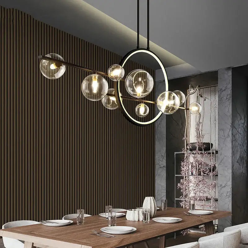 Modern black glass bubble led chandelier with brass frame and black cords for dining room decorbites glass bubble lighting