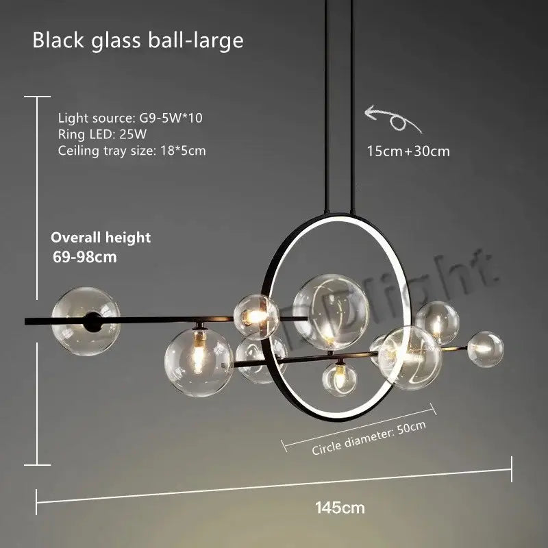 Modern black glass bubble led chandelier with clear spherical bulbs and sleek circular frame for dining room decorbites glass bubble