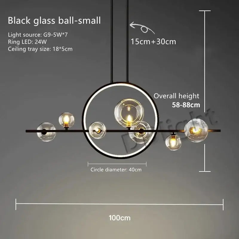 Modern black glass bubble led chandelier with spherical bulbs and circular frame for dining room decorbites glass bubble