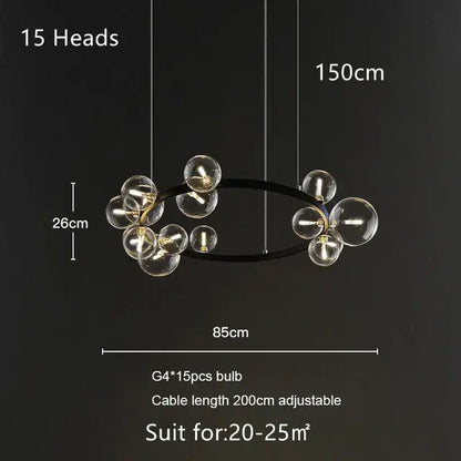 Modern black metal chandelier with 15 clear glass globes in a decorbites glass bubble led pendant for living room decor