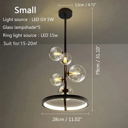 Modern black metal chandelier with five clear glass bubble led lampshades and circular ring base for living room decorbites glass bubble