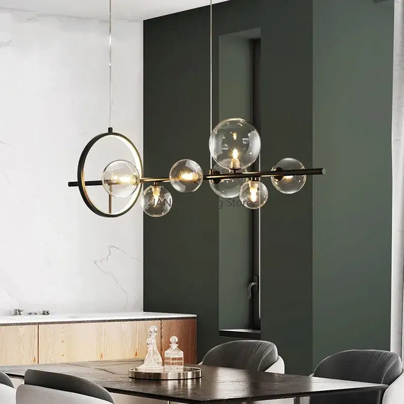 Modern black metal glass bubble led pendant chandelier with clear globe bulbs and circular accent for living room decorbites glass bubble