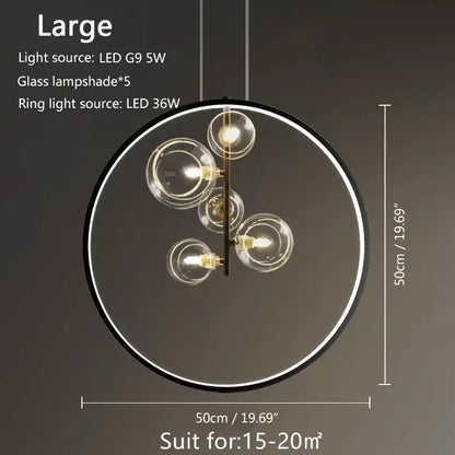 Modern black glass bubble led pendant chandelier with five clear glass lampshades and glowing led ring for living room decorbites glass bubble