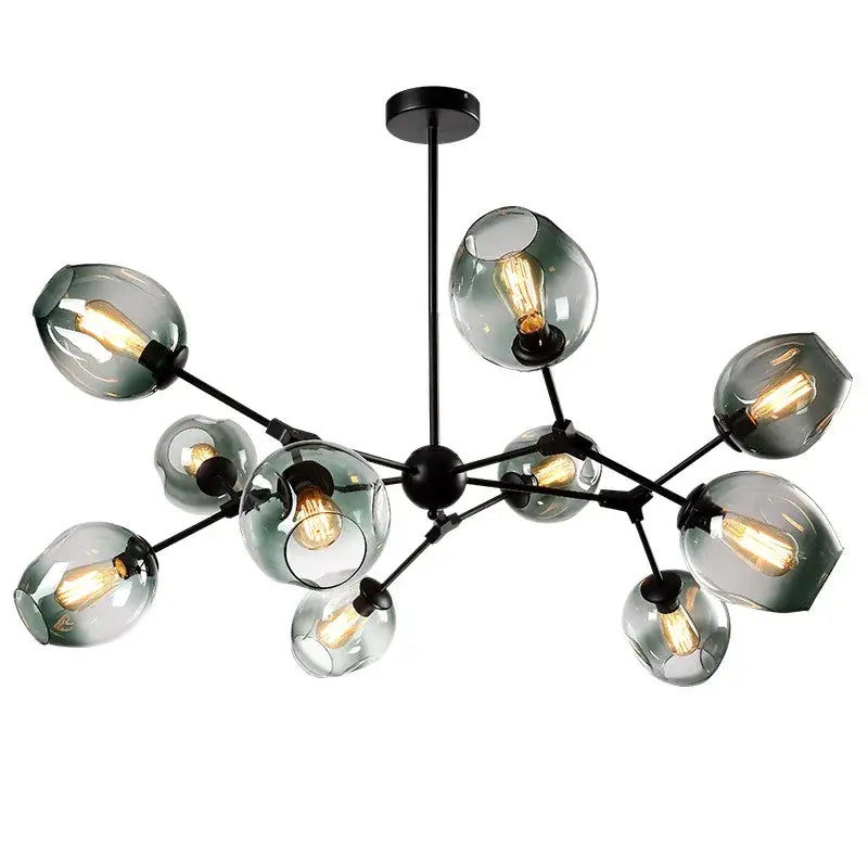 Modern black glass led chandelier pendant light featuring frosted globes with warm filament bulbs for dining room