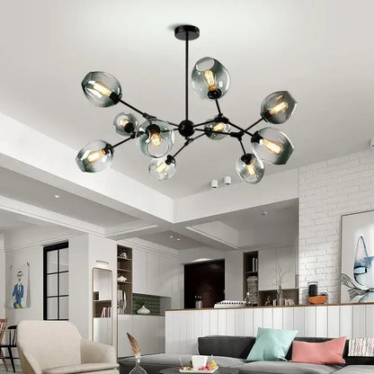 Modern black metal led chandelier pendant light with frosted glass globe shades for dining room illumination