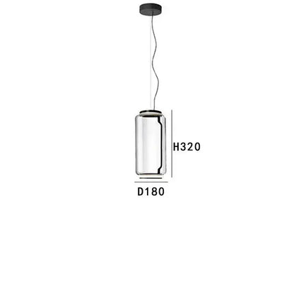 Modern black glass led pendant light with clear cylindrical glass and black metal ceiling mount for dining room use