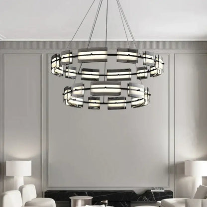 Modern black glass restaurant chandelier with sleek metal frames and warm light for dining room ambiance