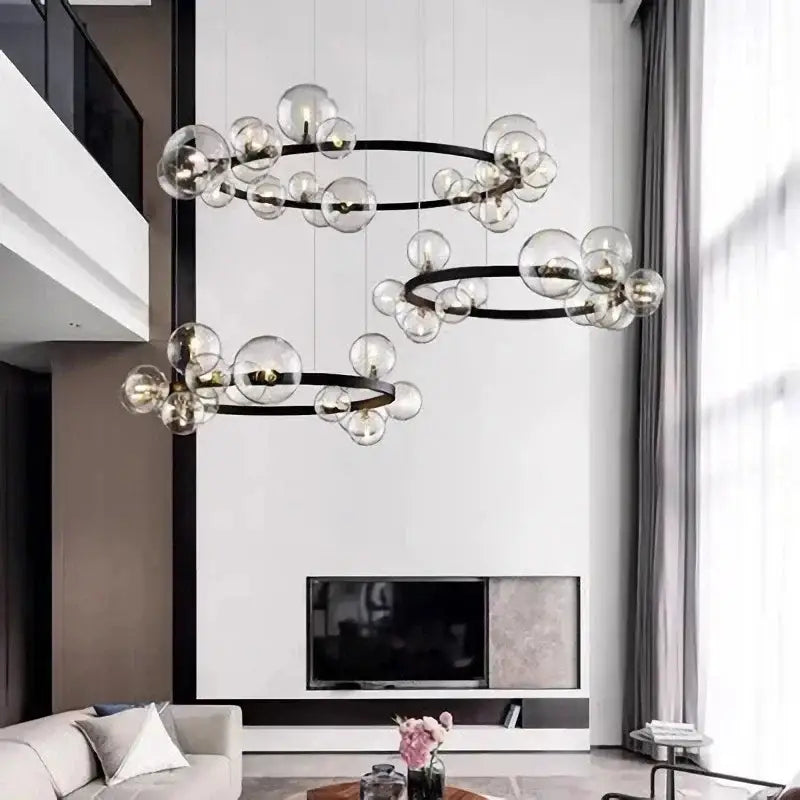 Modern black glass ring pendant light with glass bubbles and black metal rings for dining room decorbites pendant light