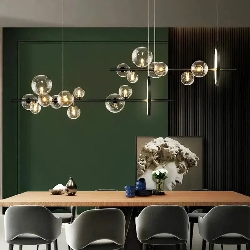 Modern black glass ring pendant light with black metal frames by decorbites hanging above a dining table