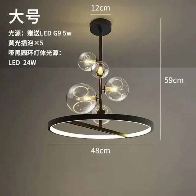 Modern black glass ring pendant light with clear globe bulbs and circular led ring base for dining room decorbites black glass