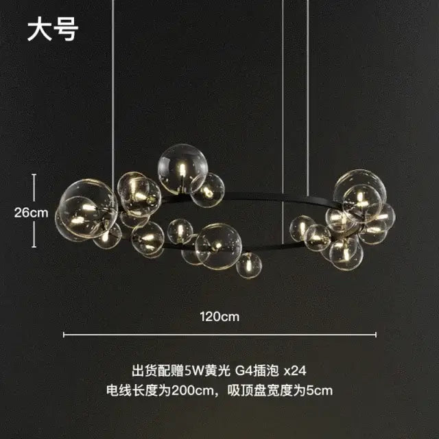 Modern black glass ring pendant light with clear glass spheres and warm yellow led bulbs for dining room decorbites black glass