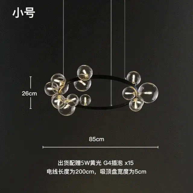 Modern black glass ring pendant light featuring a black oval chandelier with clear glass globe bulbs and gold fixtures