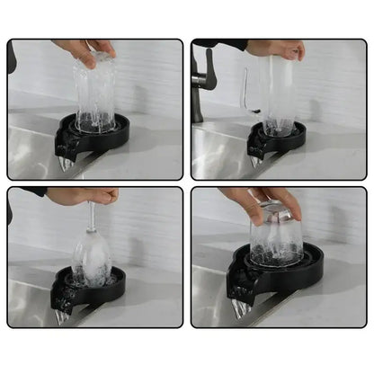 Black plastic faucet-mounted ice maker with curved spout and drip tray for modern black glass rinser sink use