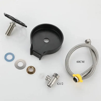 Modern black glass rinser sink with black plastic faucet base, integrated spout, threaded valve, and braided hose for glass rinser use