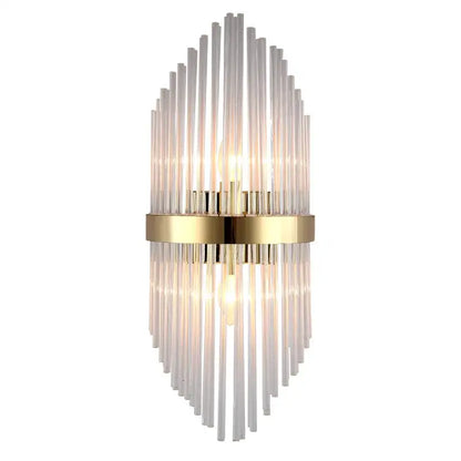 Modern black wall lamp with gold-toned frame and clear glass rod crystal in arched design for bedroom lighting