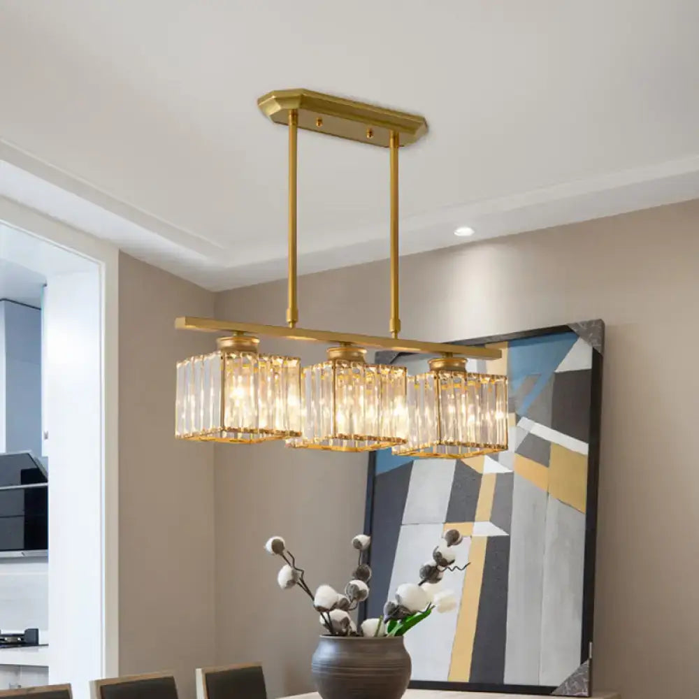 Modern black and gold 3-light crystal chandelier with rectangular prisms and e26 bulb base for 110v-120v or 220v-240v use