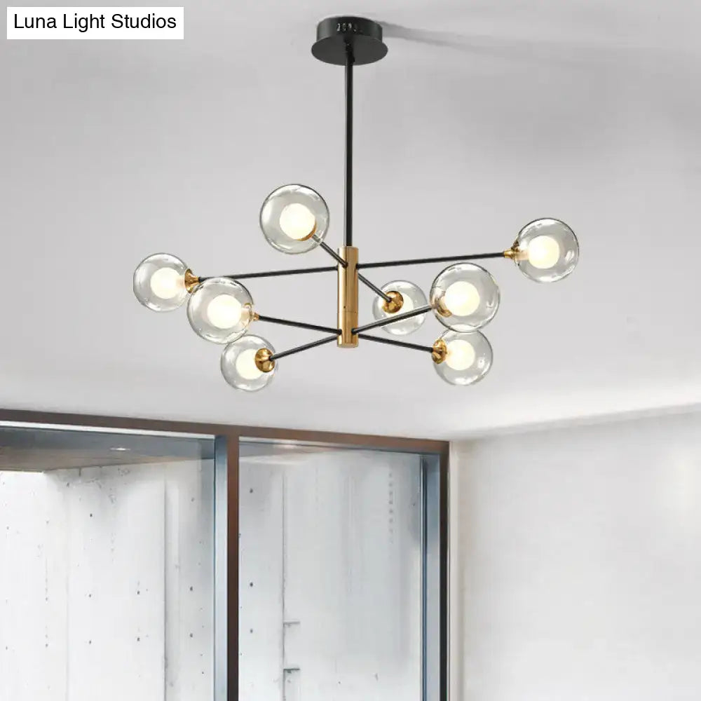 DecorBites™ modern black and gold 8-light pendant chandelier with clear glass globes and brass fixture width detail