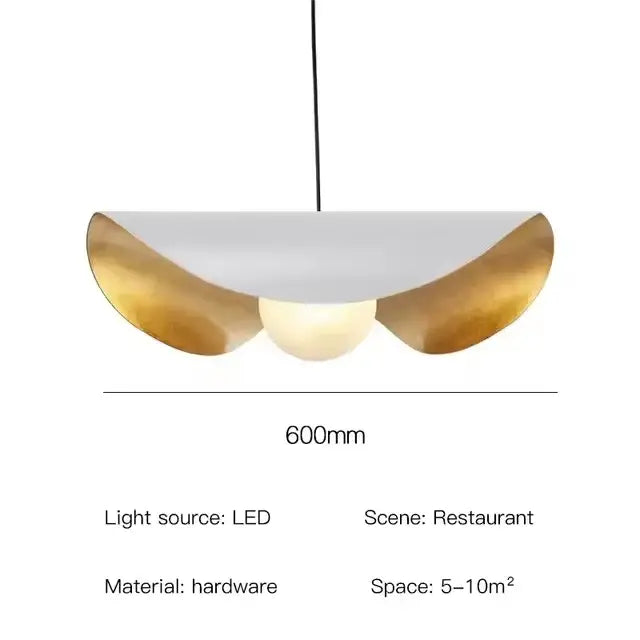 Modern black and gold abstract pendant light with curved white and gold panels framing an led bulb decorbites lederam manta