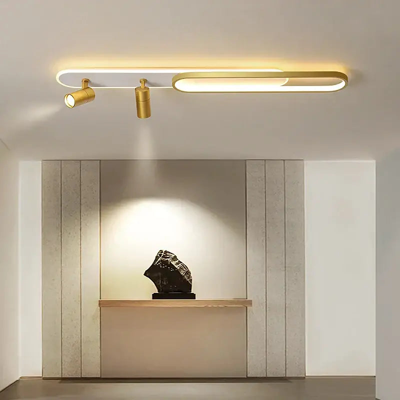 Modern black and gold decorbites acrylic led chandelier with integrated linear led panel and adjustable spotlights for living room