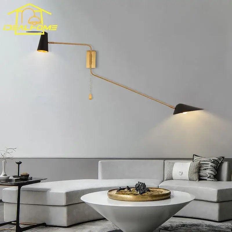 Modern black and gold decorbites adjustable double head wall lamp with pull-chain switch and black conical shades