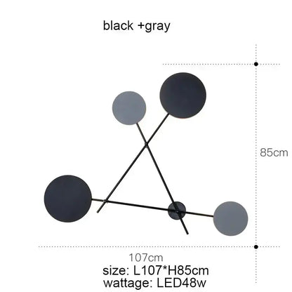 Modern black and gray geometric wall sconce with circular discs and slender rods decorbites adjustable rotating led light