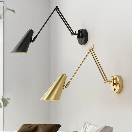 Modern black and gold adjustable swing arm wall lamp with conical shades for bedroom decorbites adjustable swing arm