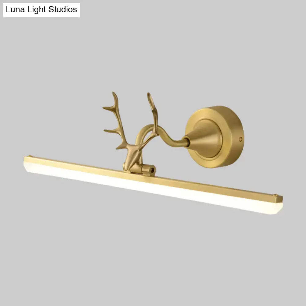 Gold-toned deer-head wall light with modern led light bar and acrylic shade suitable for 110v-120v and 220v-240v use