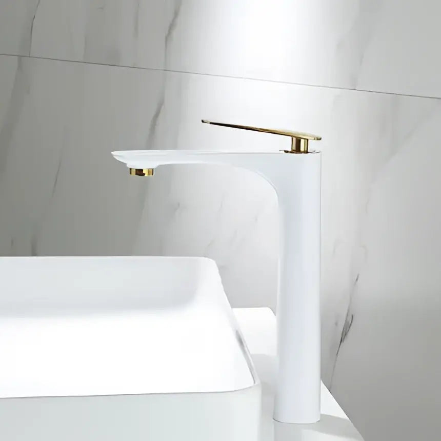 Modern black and gold basin faucet with white ceramic and gold accents by decorbites for bathroom sink mixer tap