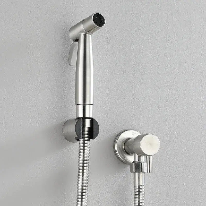 Modern black and gold bidet sprayer set featuring a stainless steel handheld showerhead with black rubber nozzle