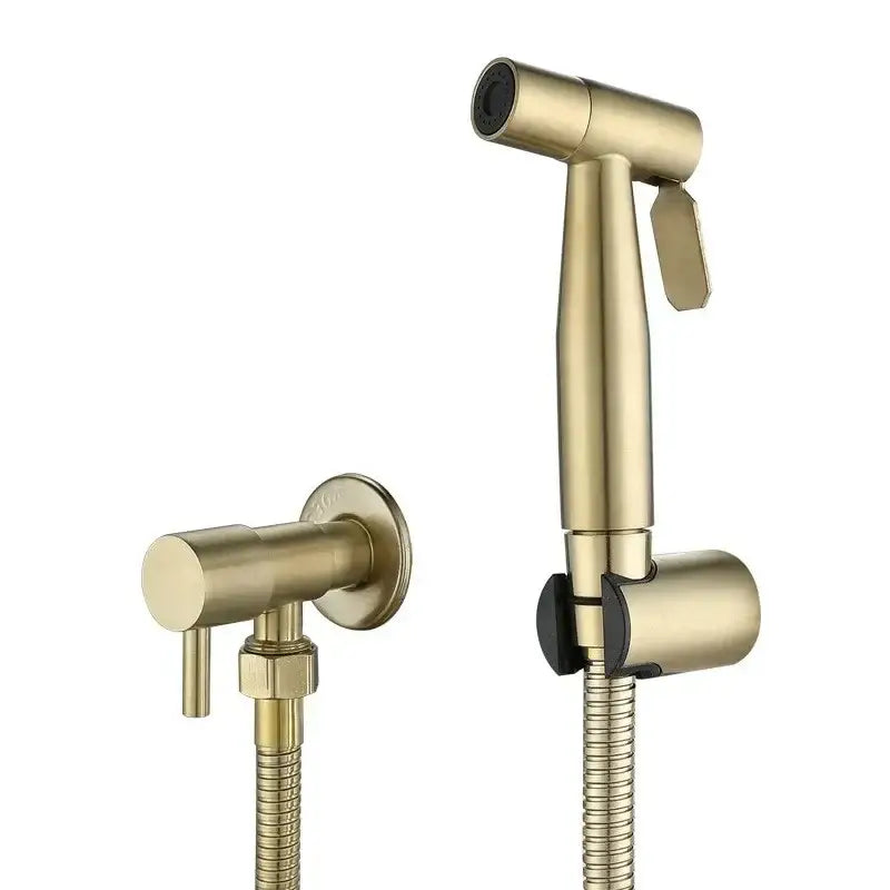 Modern black and gold bidet sprayer set featuring a gold brass sprayer nozzle with sleek design and flexible hose