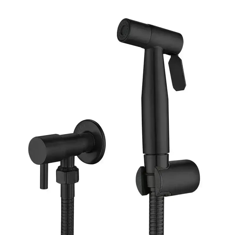 Modern black and gold bidet sprayer set with black matte finish nozzle and flexible hose for bathroom use