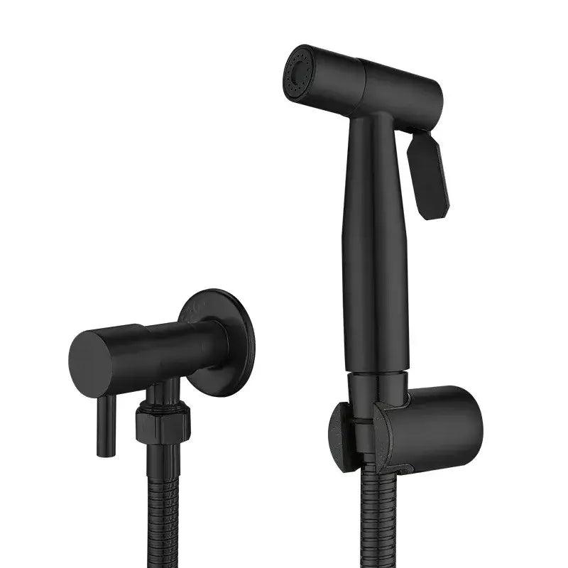 Modern black and gold bidet sprayer set featuring a black matte finish nozzle with sleek design and flexible hose