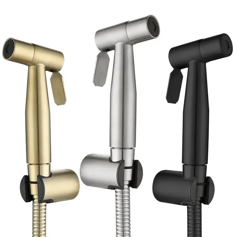 Modern black and gold bidet sprayer set featuring three handheld metallic sprayers with flexible hoses for bathroom use