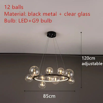 Modern black and gold branching bubbles chandelier with 12 clear glass spheres and led g9 bulbs for dining room decorbites
