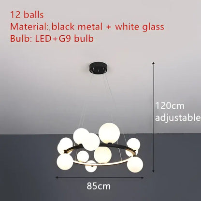 Modern black and gold branching bubbles chandelier with twelve white glass spheres for dining room decorbites lighting