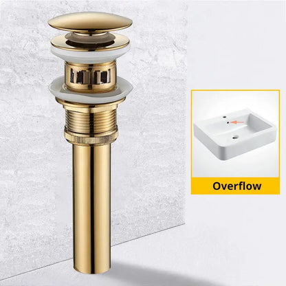 Modern black and gold brass basin sink pop up drain with gold-toned metal overflow and white ceramic flange for decorbites brass basin