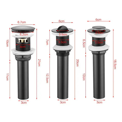 Three black and gold brass basin sink pop up drains with cylindrical bodies and varying heights for bathroom decorbites brass basin