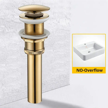 Modern black and gold brass basin sink pop up drain with a sleek gold-colored brass basin sink and white ceramic flanges
