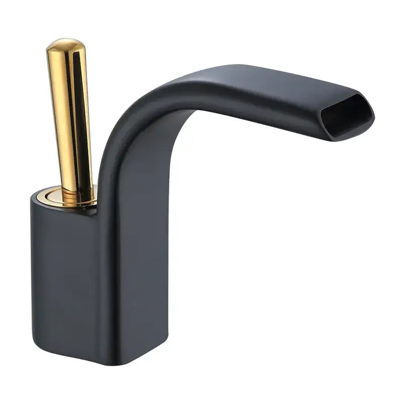 Modern black brass waterfall basin faucet with a sleek curved spout and polished gold-tone handle for bathroom sink
