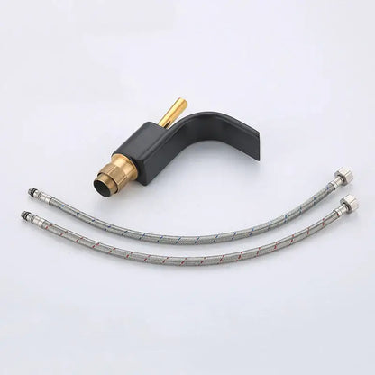 Modern black brass waterfall basin faucet with brass accents and two silver braided hoses by decorbites