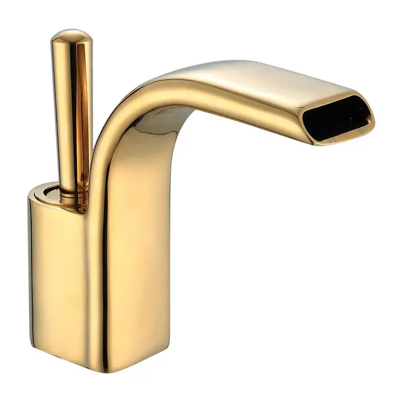 Modern black brass waterfall basin faucet with gold-colored single handle and sleek curved spout by decorbites black brass