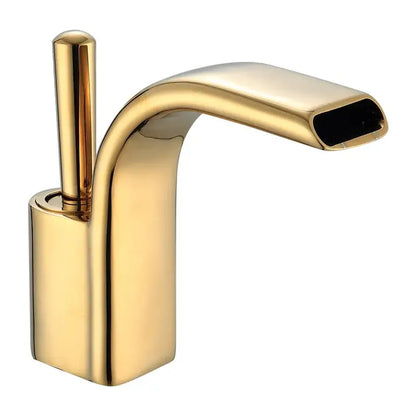 Modern black brass waterfall basin faucet with gold-colored single handle and sleek curved spout by decorbites black brass