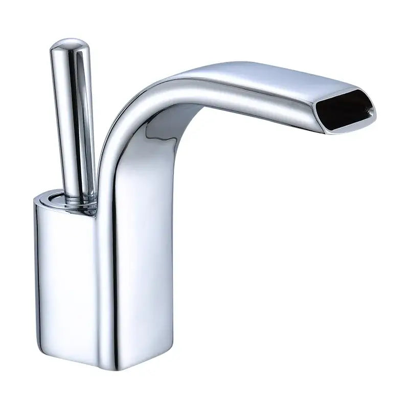 Modern black brass waterfall basin faucet with chrome finish sleek curved spout and cylindrical handle for bathroom decorbites